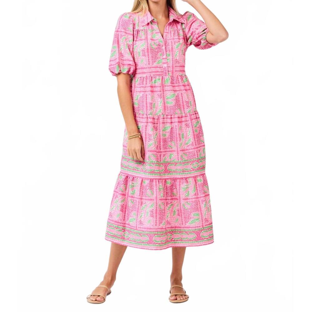 NEW MARY SQUARE eloise tiered midi dress in trellis tiles pink